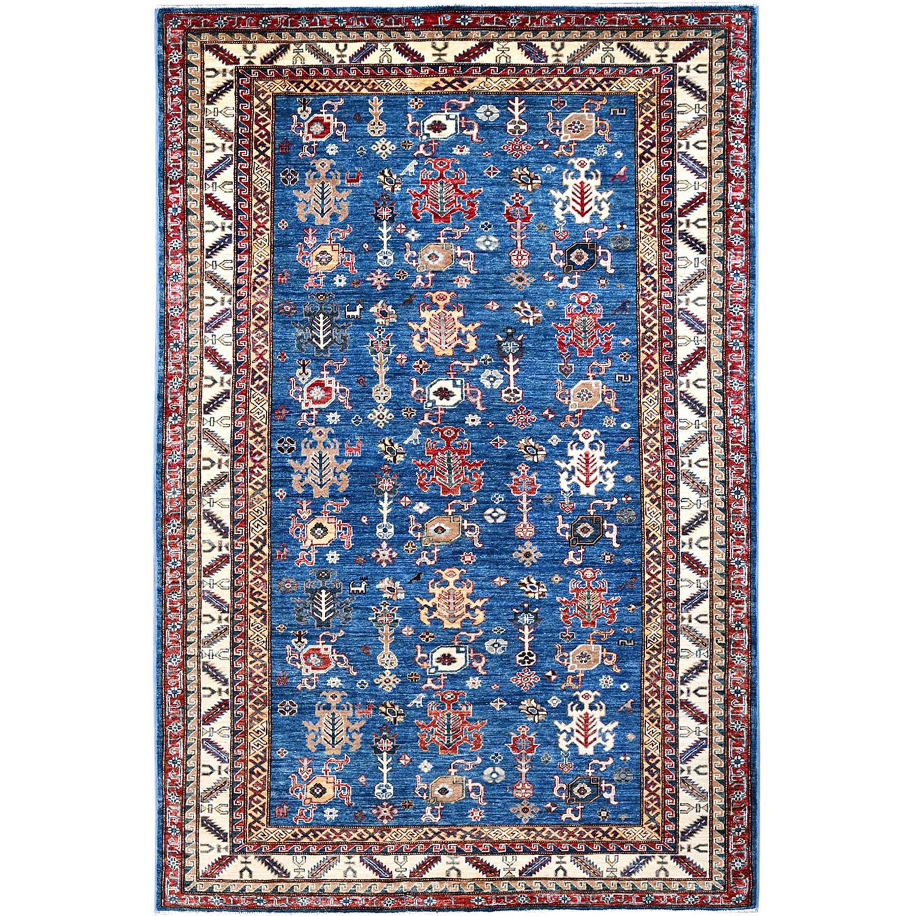 Cornflower Blue, Vegetables Dyes Afghan Super Kazak with Birds and Animal Figurines, Geometric Medallion Design Denser Weave, Hand Knotted Natural Wool Oriental Rug